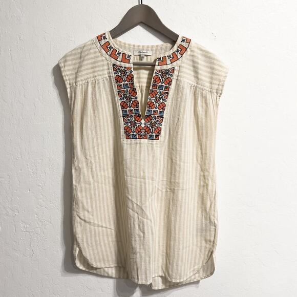 Madewell Tunic Coverup Top Blouse Embroidered XXS Stripe Belize Tan Cream - Picture 1 of 6